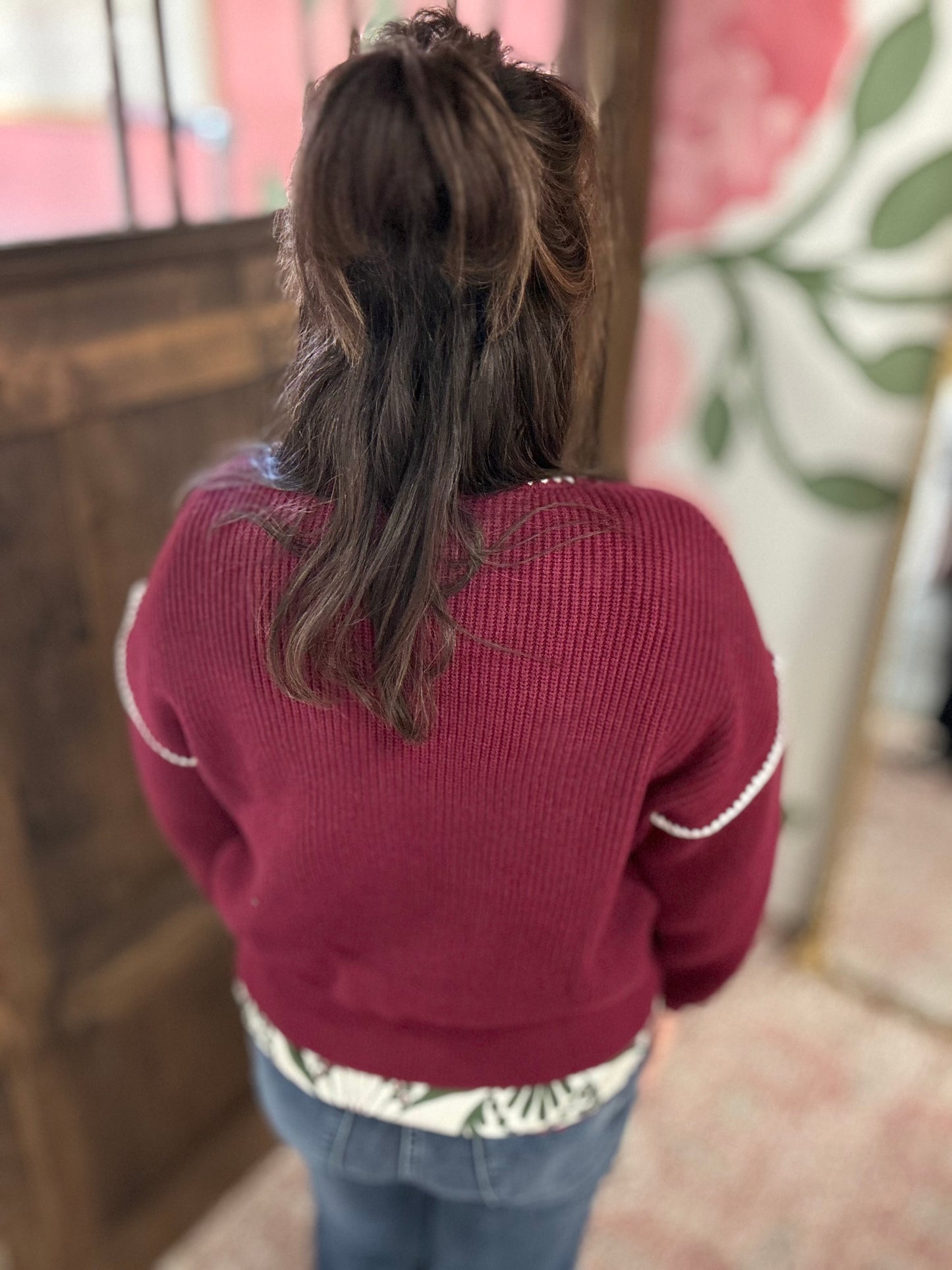 Burgundy Cardidan With White Stitch Detail