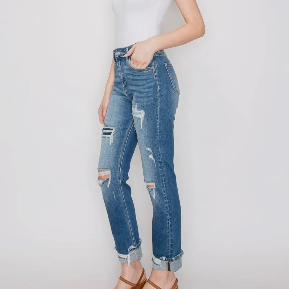 Mesh Tummy Control High Rise Straight Cuff Jeans | Medium Stone Wash