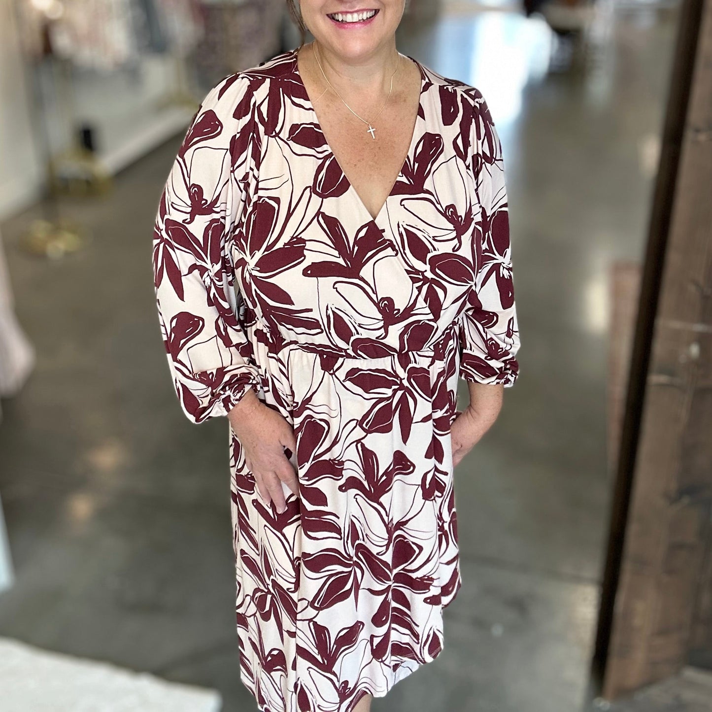 Burgundy Floral Long Sleeve Midi Dress