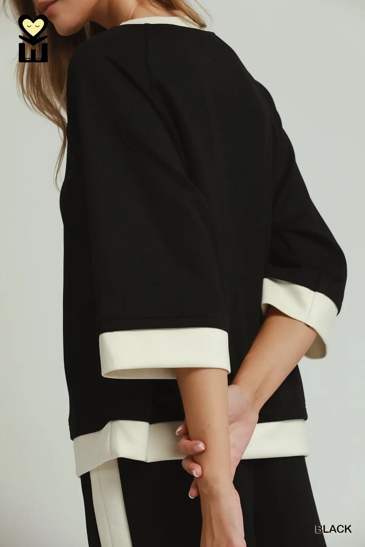 Black Luxeknit Colorblock Crewneck Raglan Sleeve Top