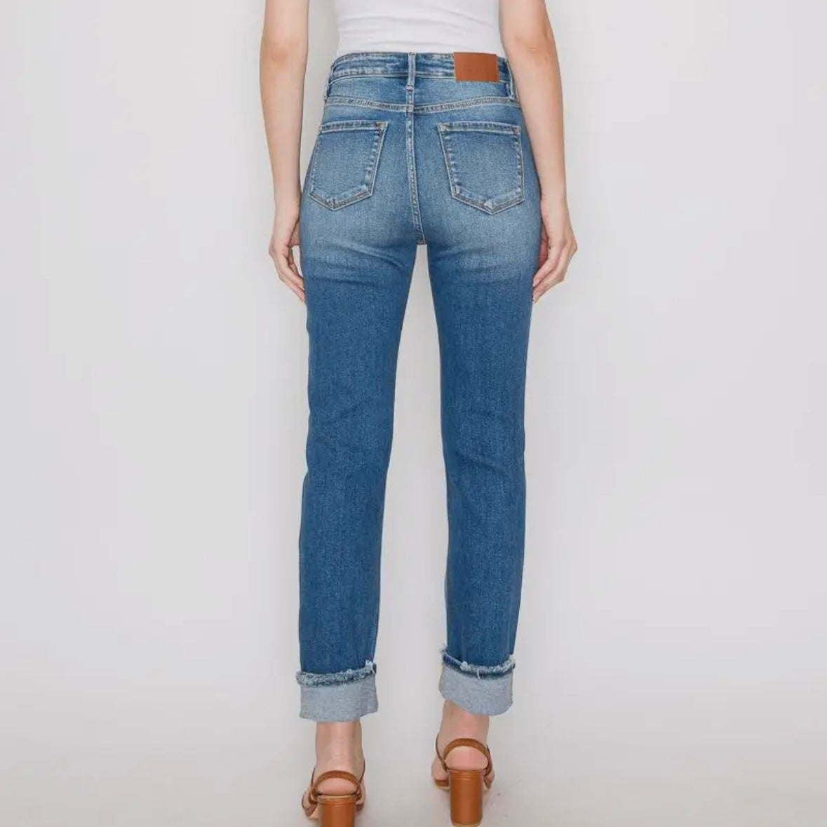Mesh Tummy Control High Rise Straight Cuff Jeans | Medium Stone Wash