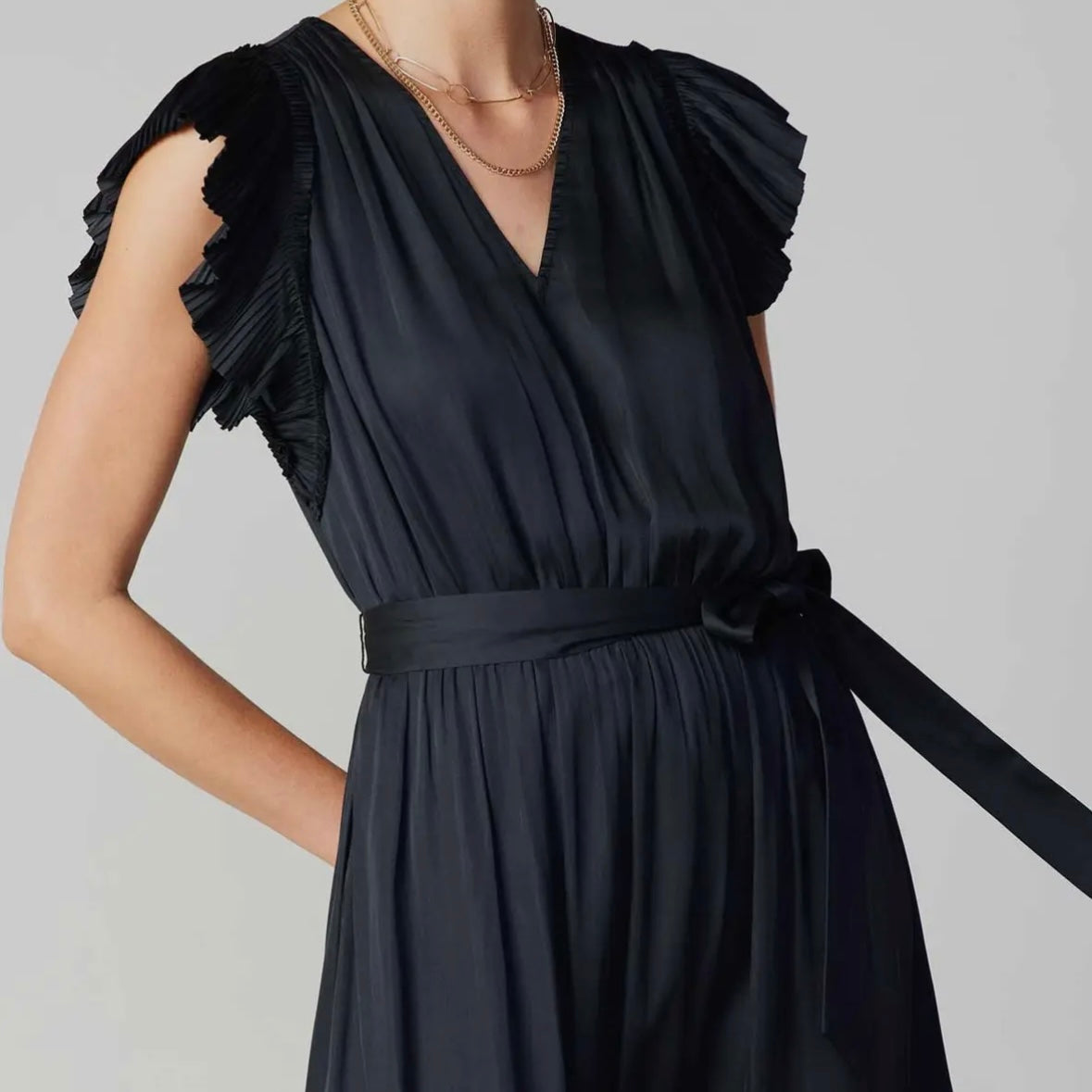 Black Fluttered Sleeve V-Neck Midi Dress