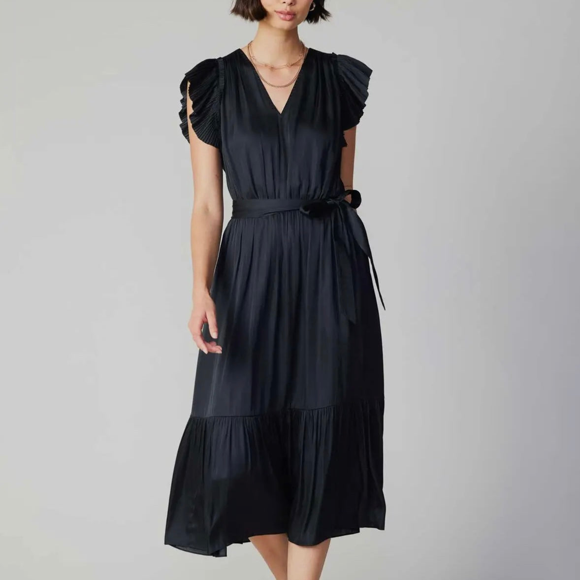 Black Fluttered Sleeve V-Neck Midi Dress