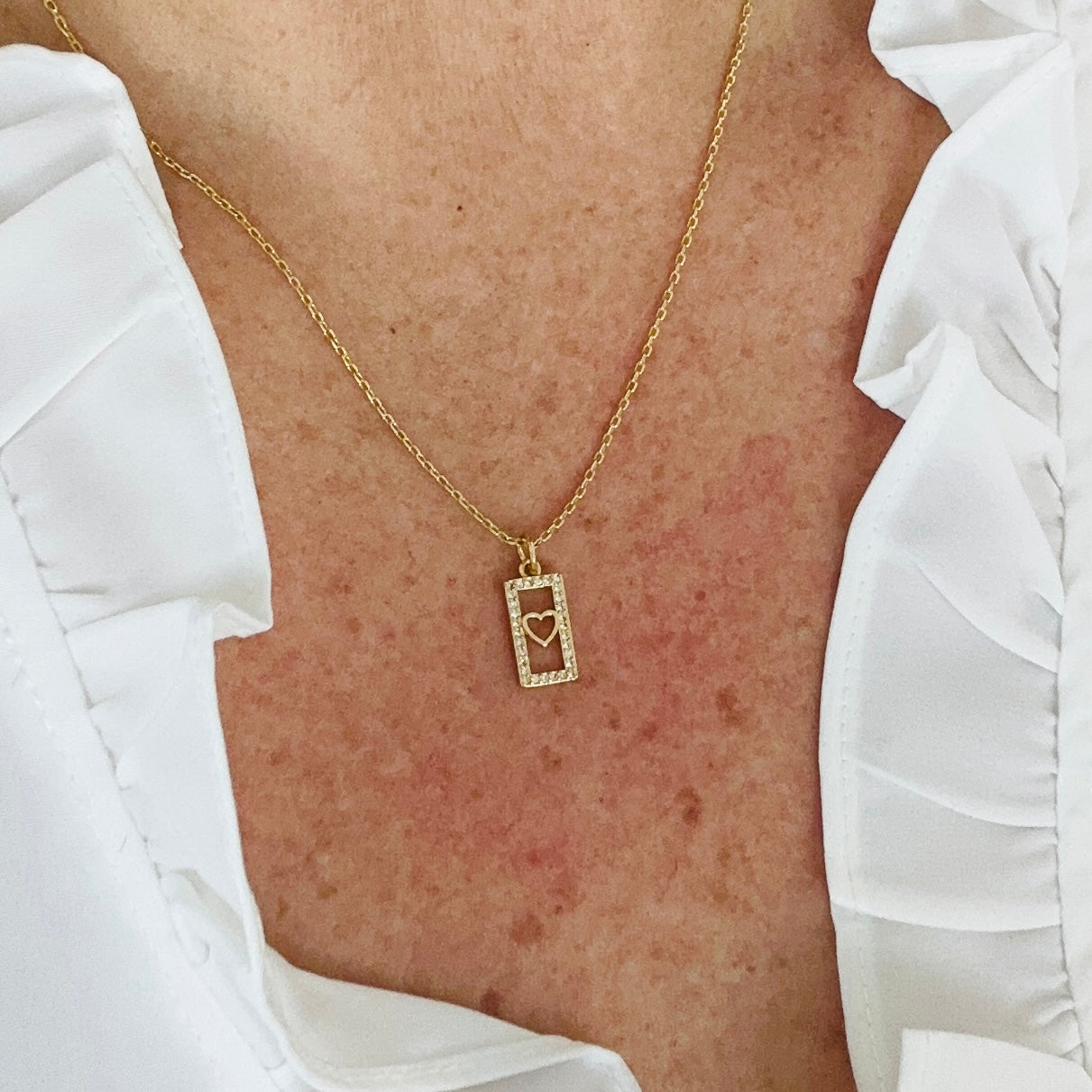 Gold filled rectangle heart tag necklace