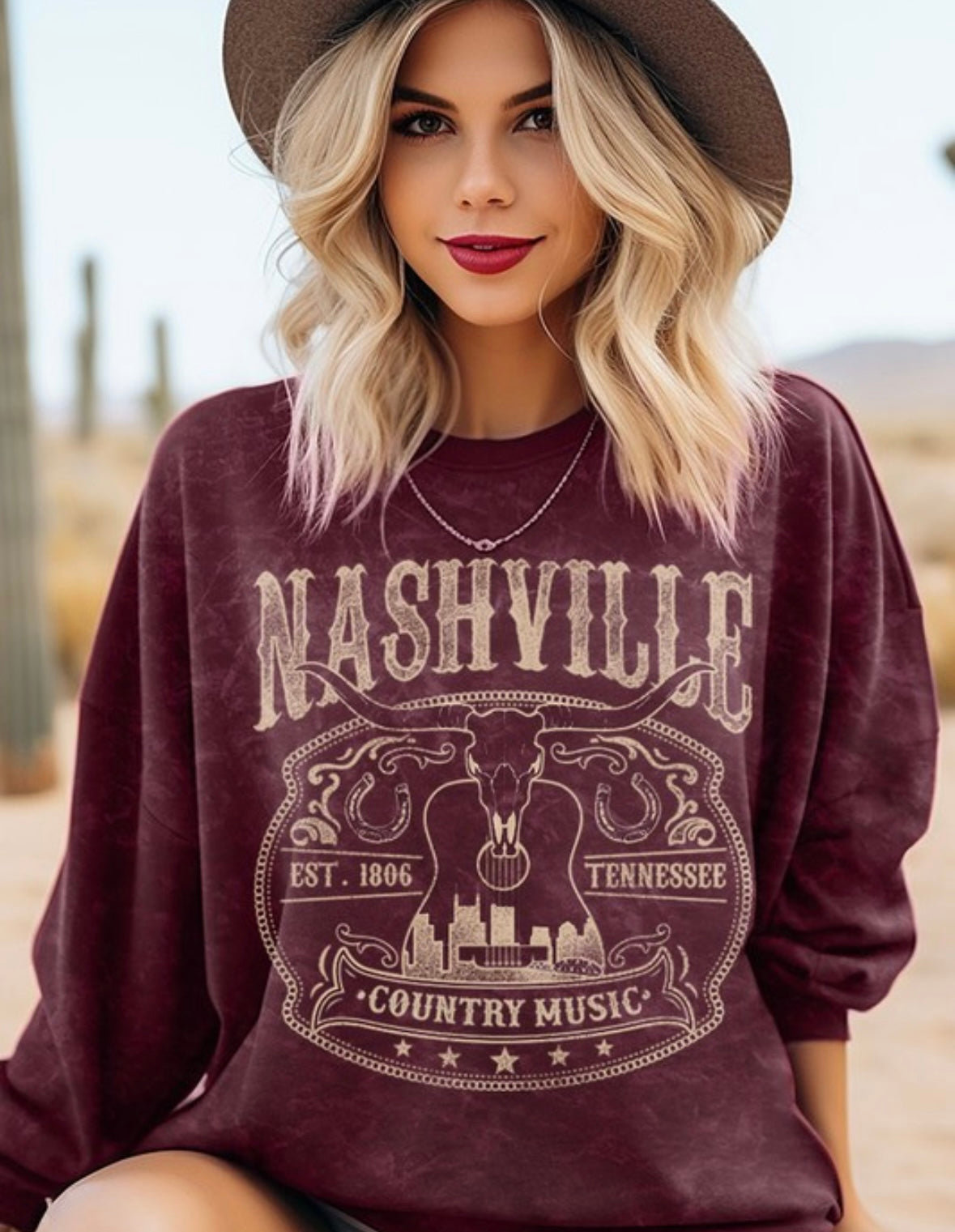 burgundy Nashville country music graphic sweatshirt