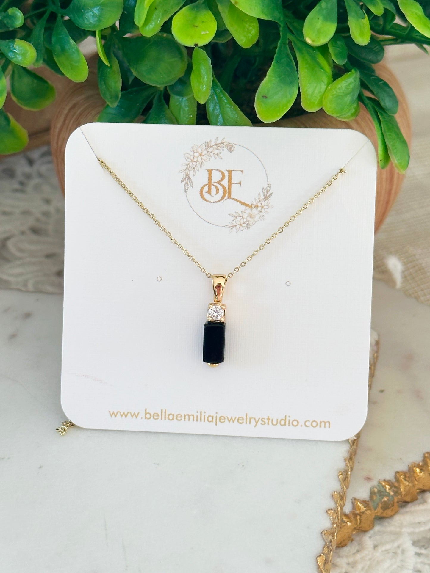 Black onyx bar pendant gold filled necklace
