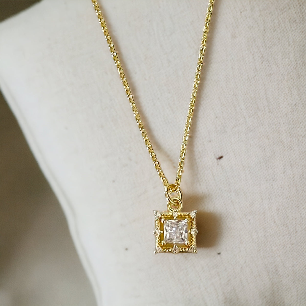 Gold filled square baguette pendant necklace
