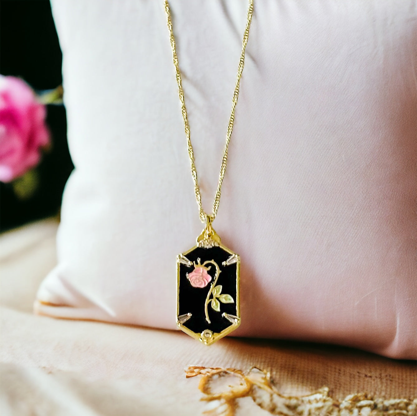 Gold filled black enamel pink rose charm necklace