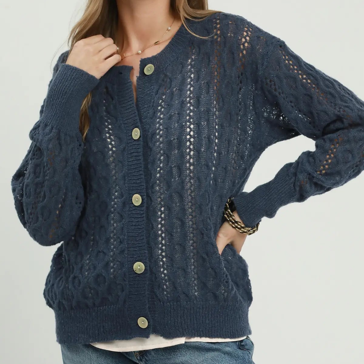 Denim Pointelle Cable Knit Cardigan