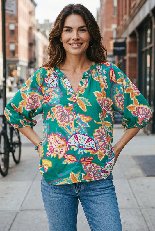 Emerald Mix Paisley Print V-Neck Top