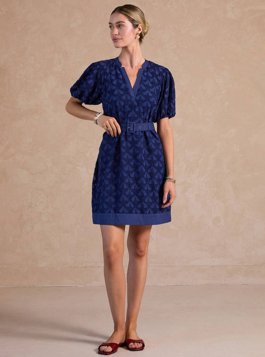 Navy Blue Textured Star Pattern Mini Dress