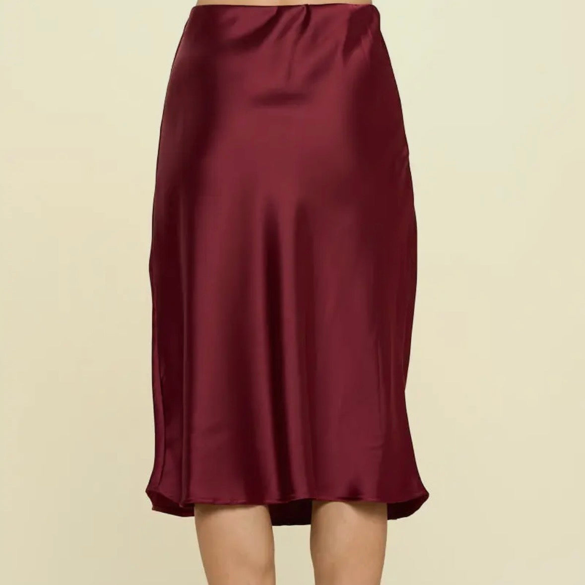 Wine Satin Midi Skirt