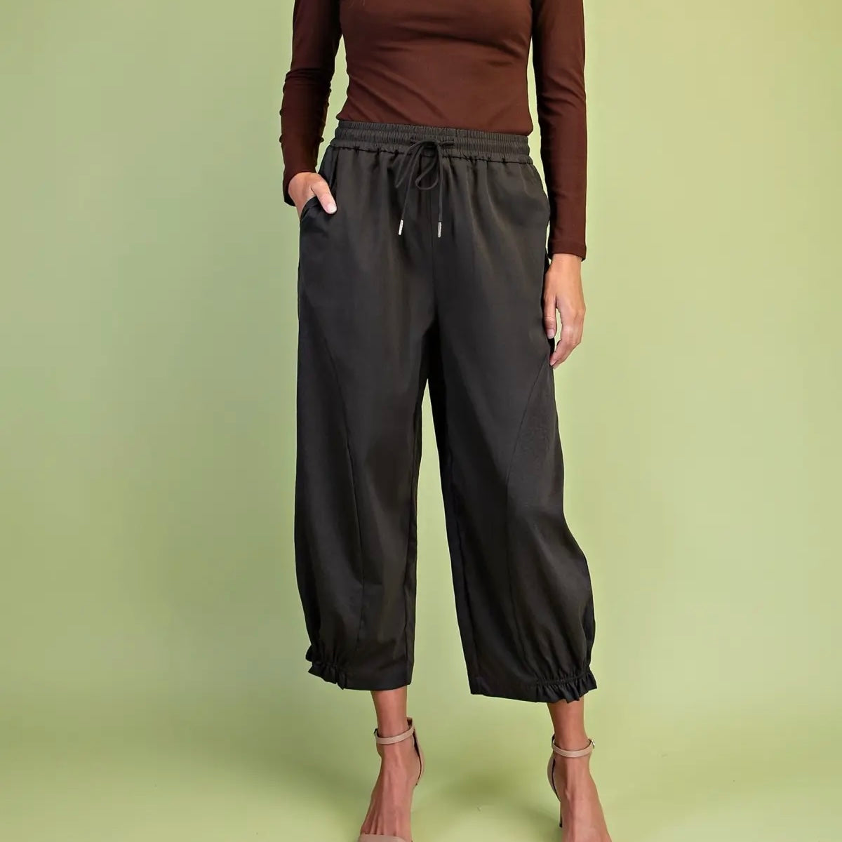 Dark Olive Balloon Pants w/ Elastic Gathered Ankle Detail
