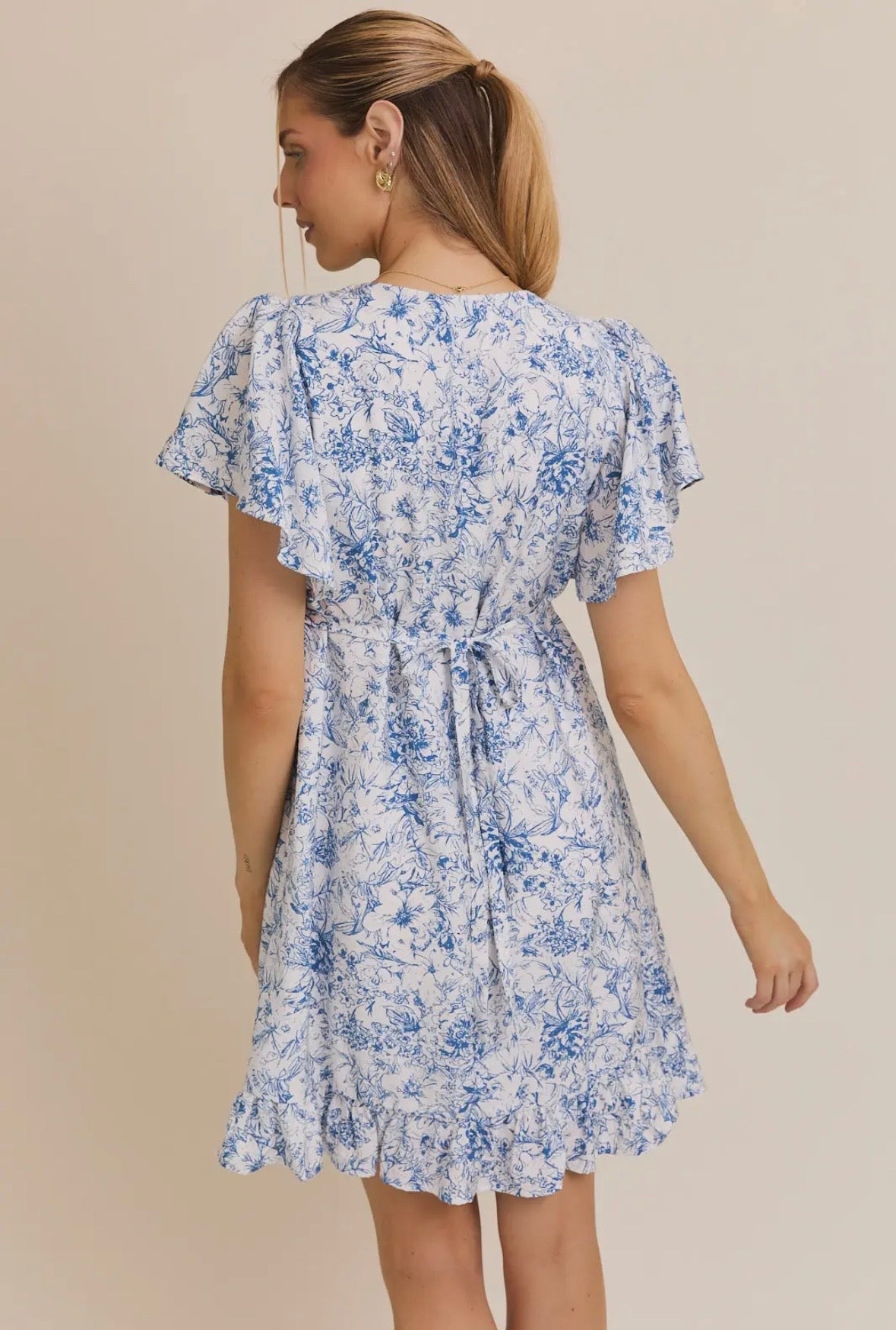 Cream Blue Floral Print Dress