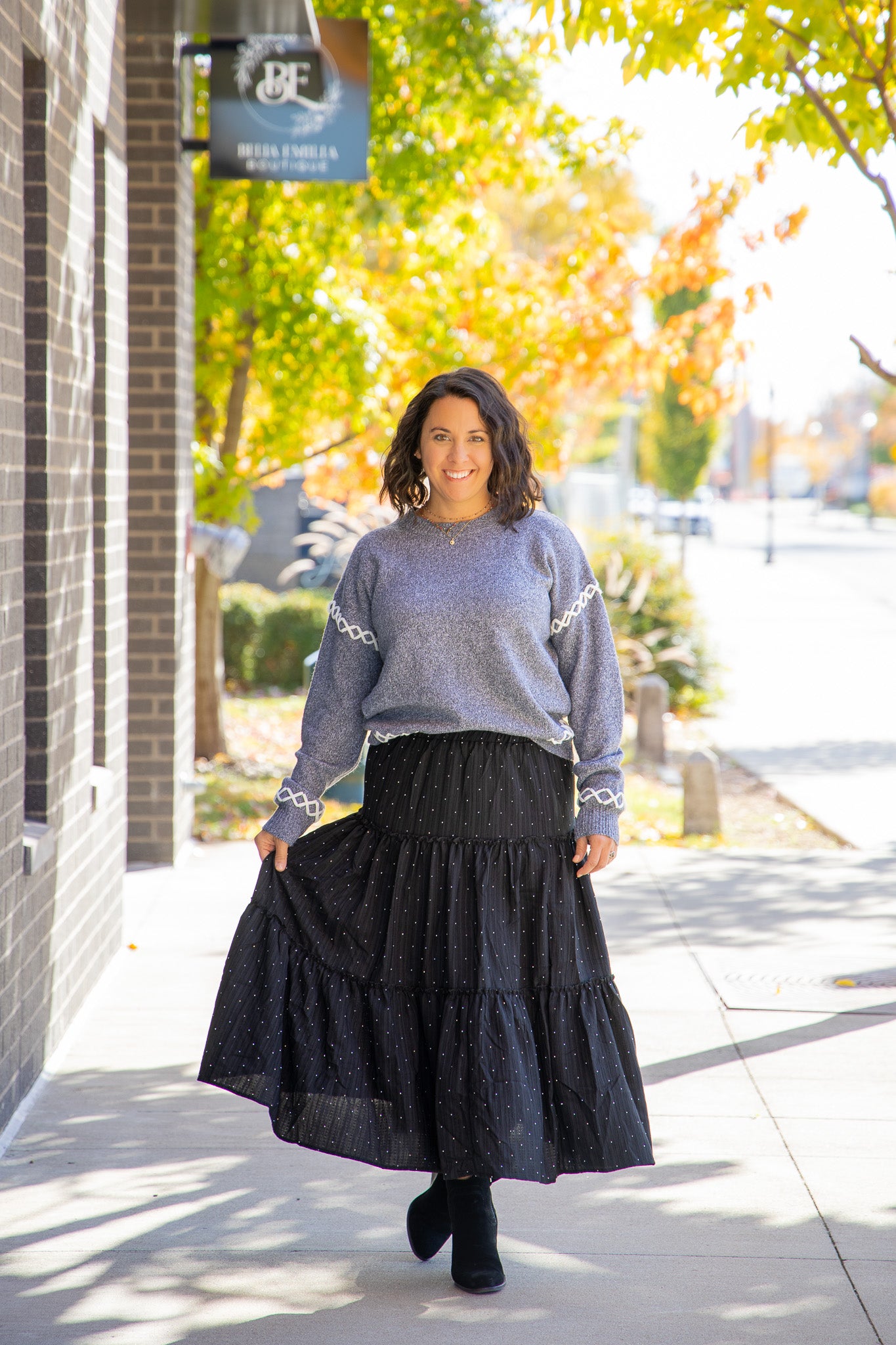 Black Rhinestone Midi Skirt