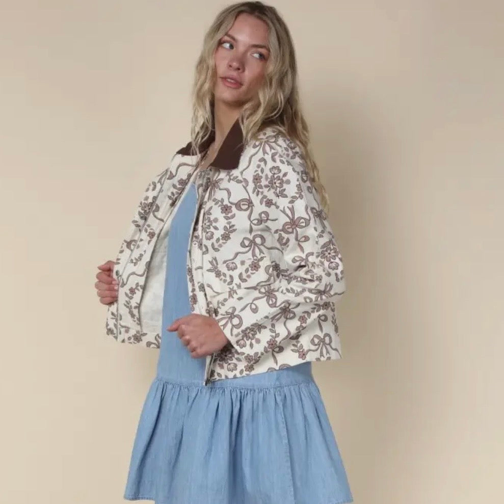 Cream Brown Ribbon Print Canvas Jacket