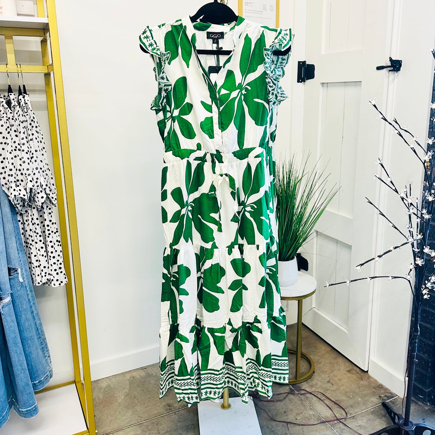 Green Floral Tiered Midi Dress