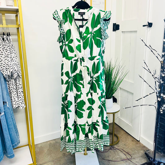 Green Floral Tiered Midi Dress