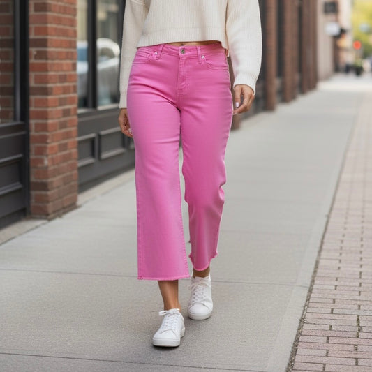 Pink Chloe High Rise Cropped Wide Leg Jeans