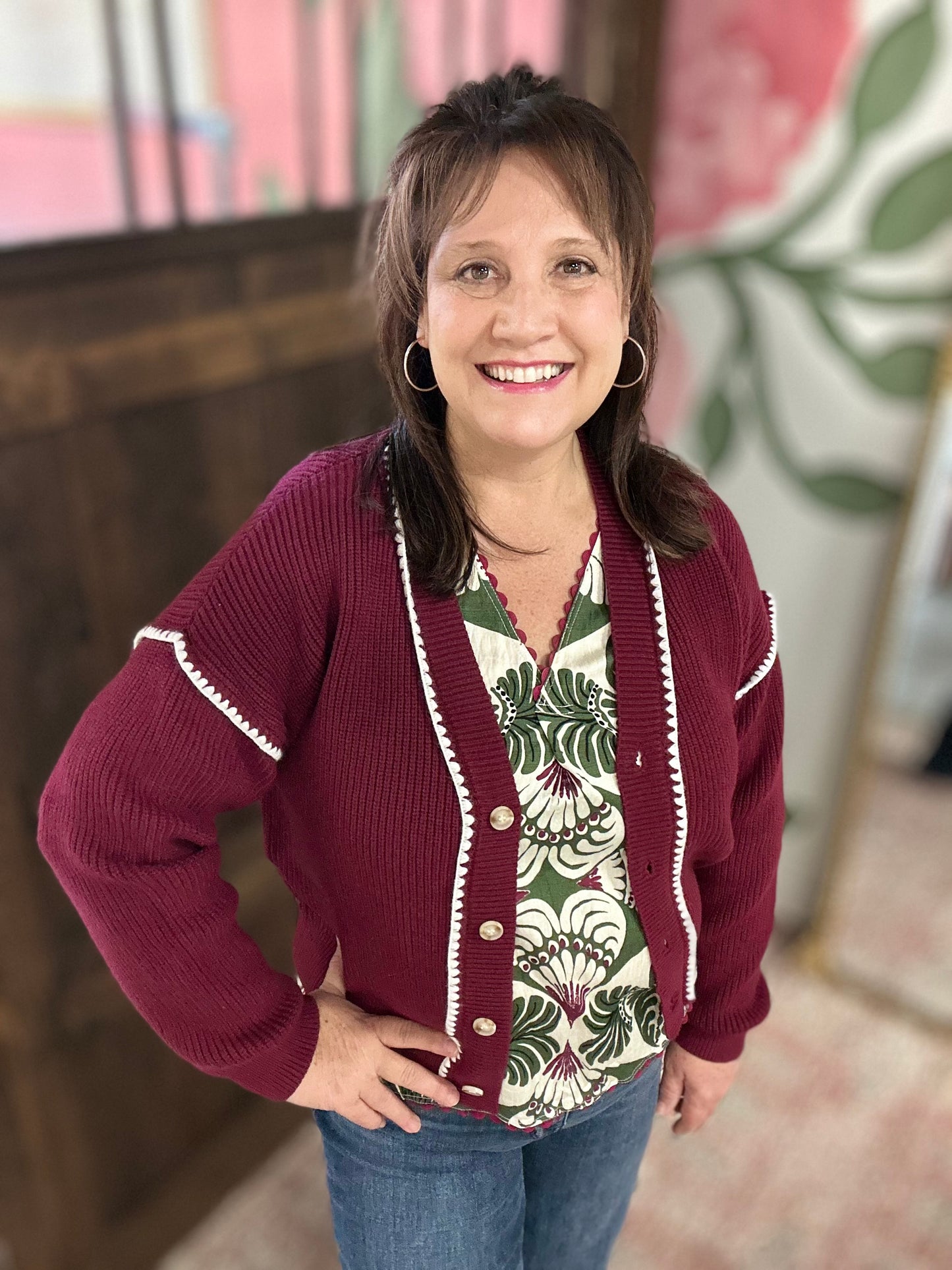 Burgundy Cardidan With White Stitch Detail