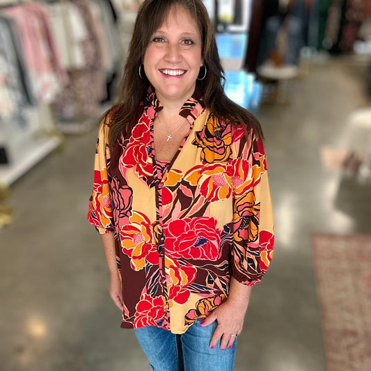 Plus Pink Brown Floral Blouse