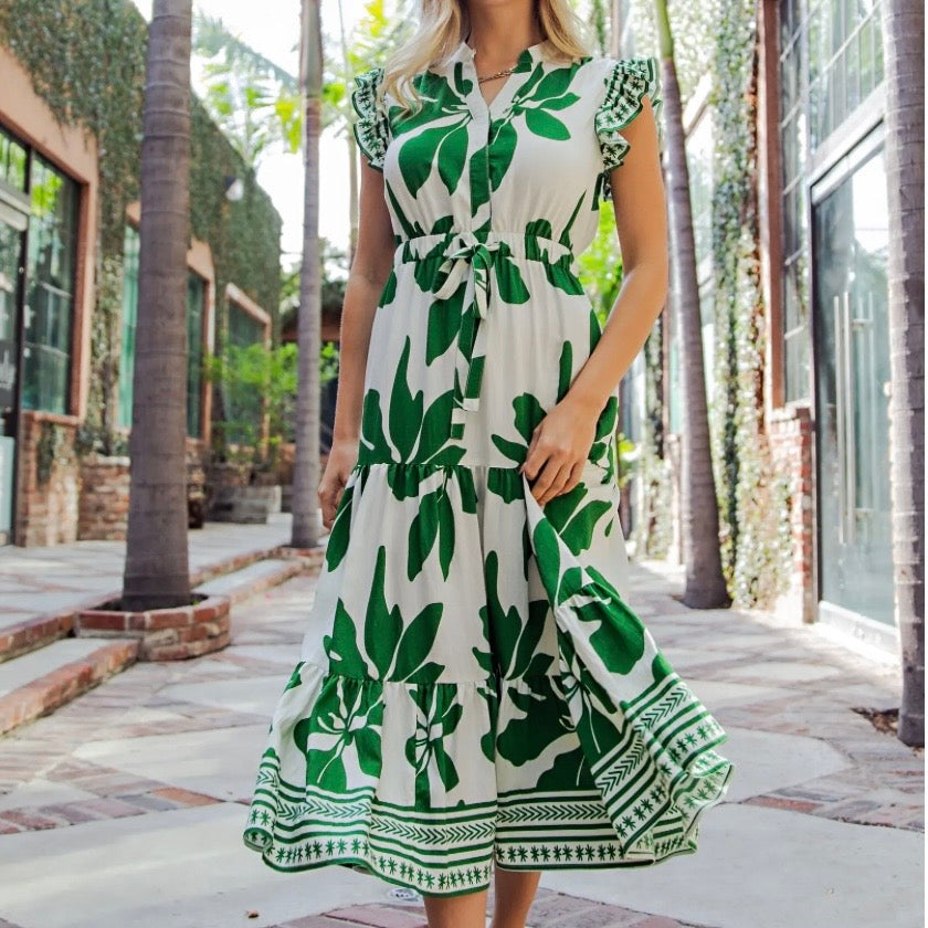 Green Floral Tiered Midi Dress