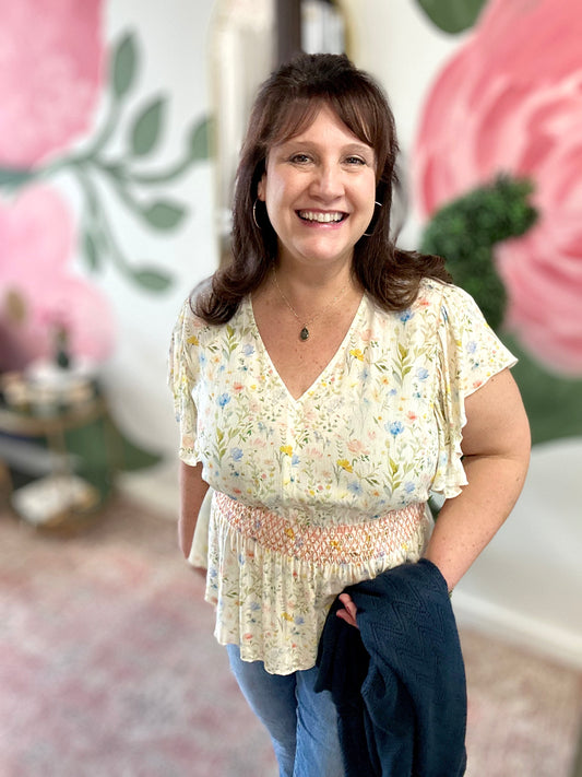 Watercolor Floral Flutter Sleeve Top