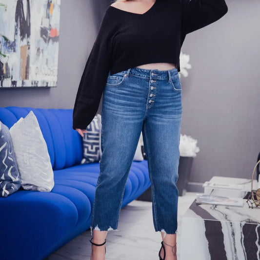 Plus Size - High Rise Exposed Button Detail Skinny Jeans