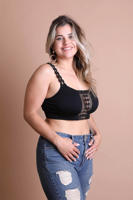 Plus size black boho eye lace appliqué bralette