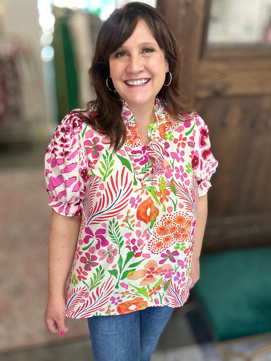 Pink Mix V-Neck Ruffle Trim Top