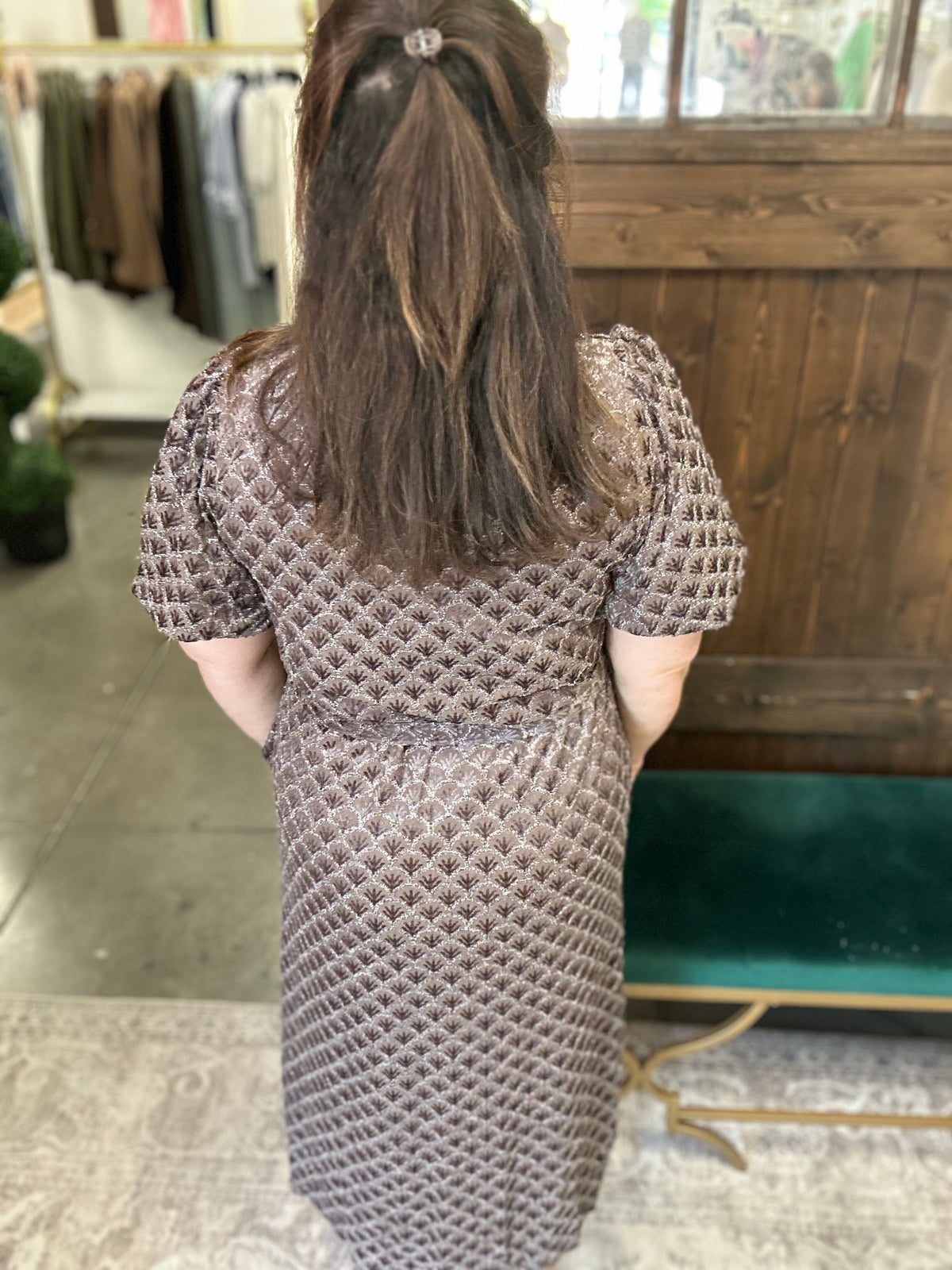 Silver Mink Metallic Burnout Print Midi Dress