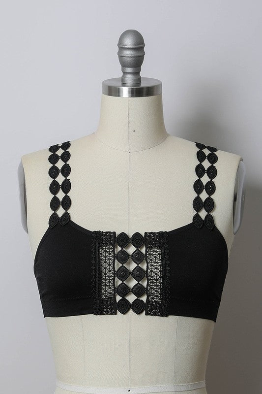 Black boho eye lace appliqué bralette