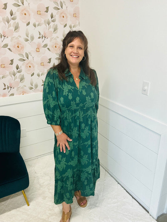 Green Floral Burnout Midi Dress
