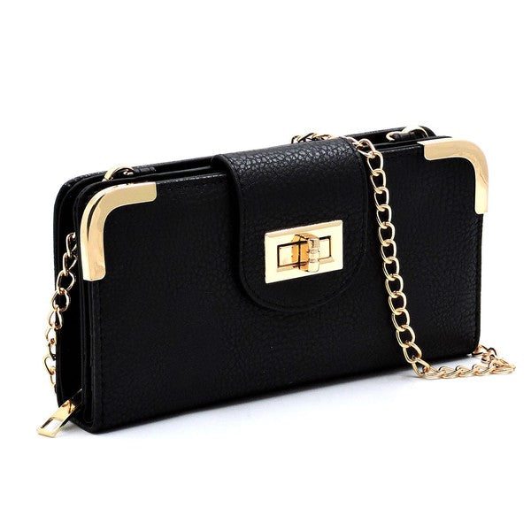 Black turn lock crossbody wallet