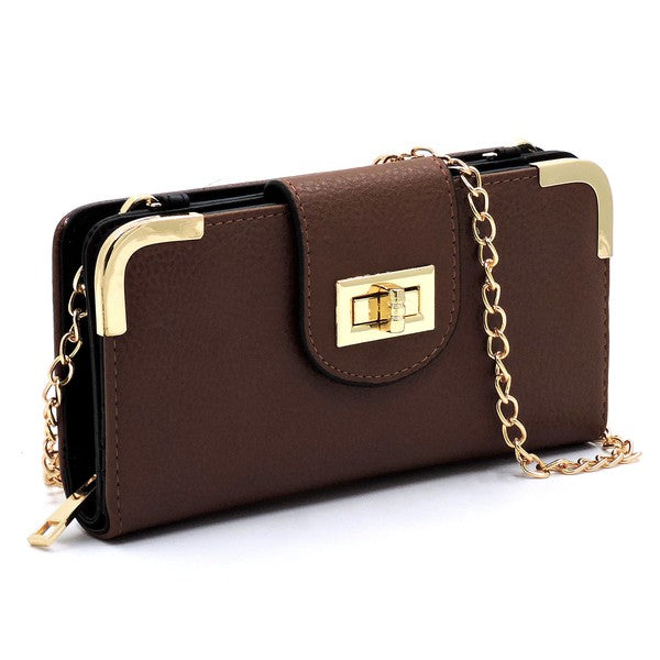 Brown turn lock crossbody wallet