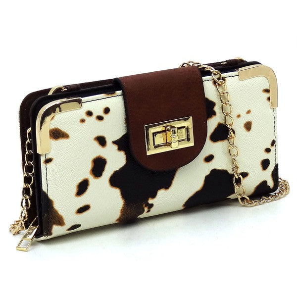 Cow print turn lock crossbody wallet