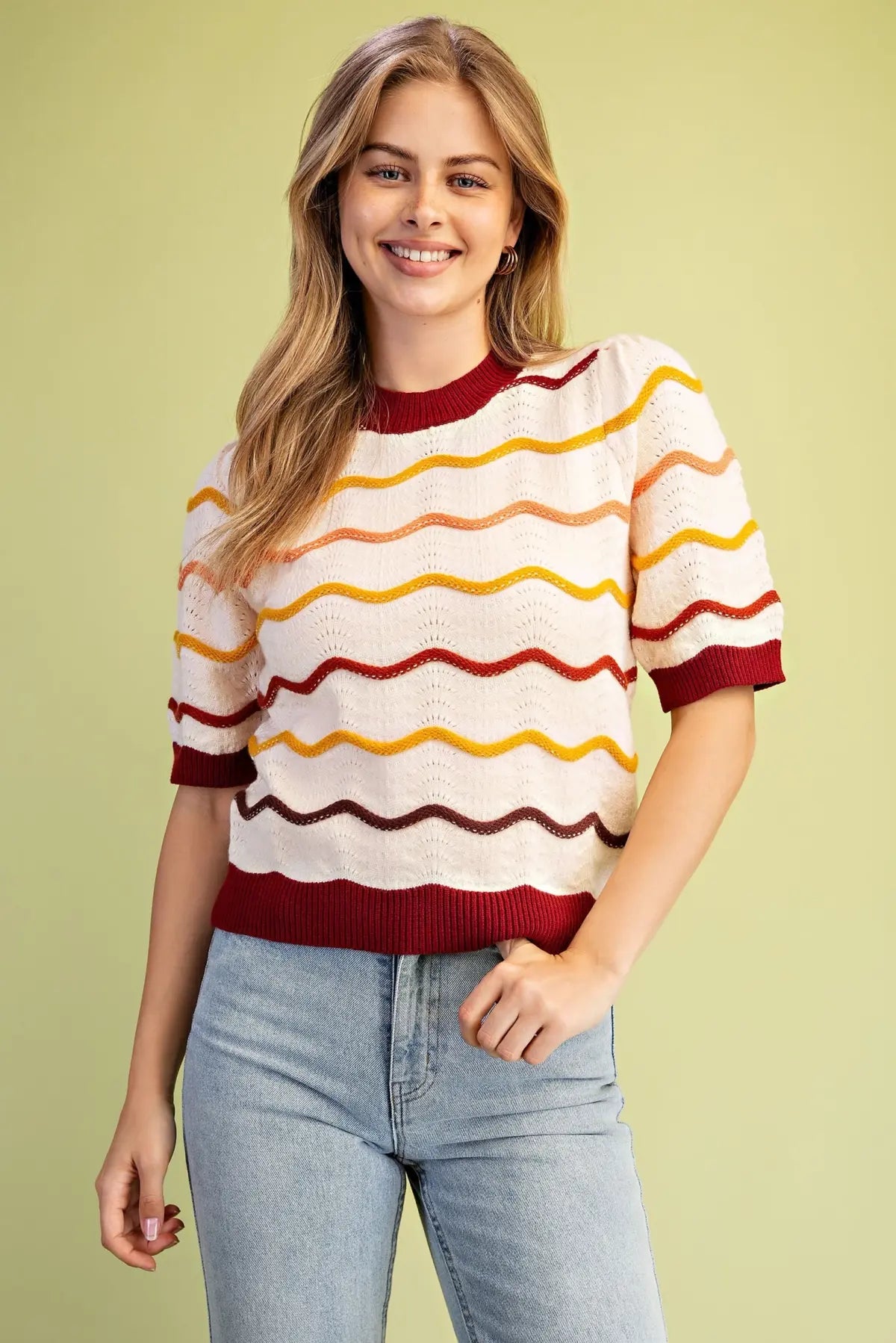 Ivory Mix Pointelle Knit Short Sleeve Sweater w/ Wave Details