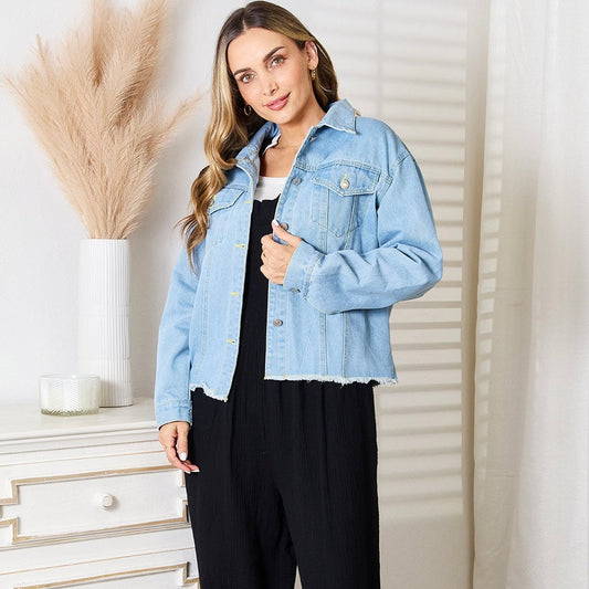 Double Take Dropped Shoulder Raw Hem Denim Jacket