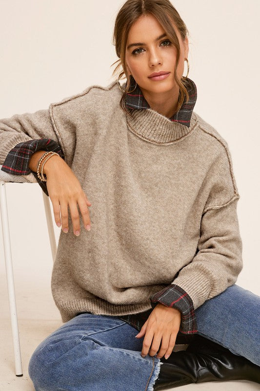 taupe high neck textured sweater