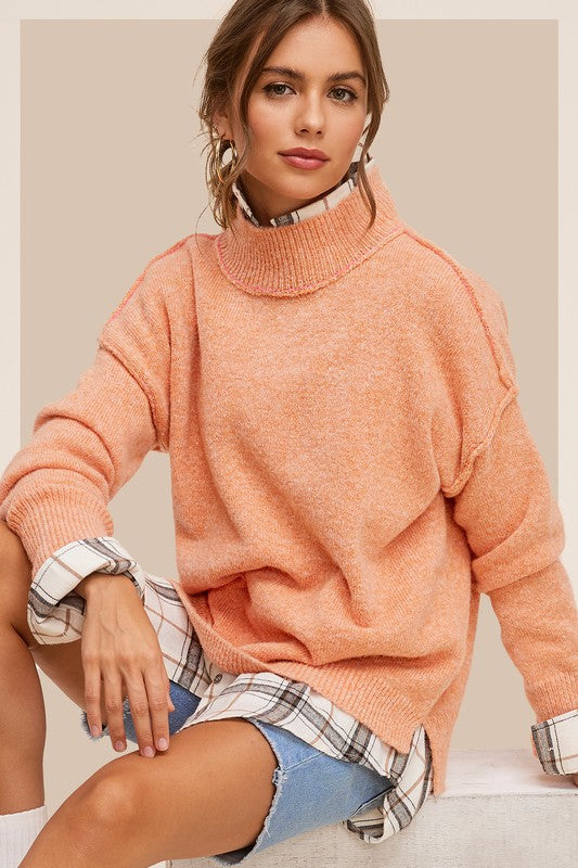 coral high neck textured sweater