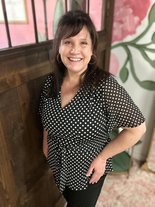 Black Polka Dot V-Neck Tie Waist Top