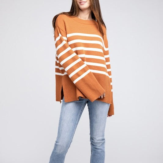 Rust sweater with white stripes and side slit