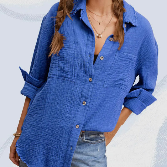 royal blue wrinkled gauze button down shirt