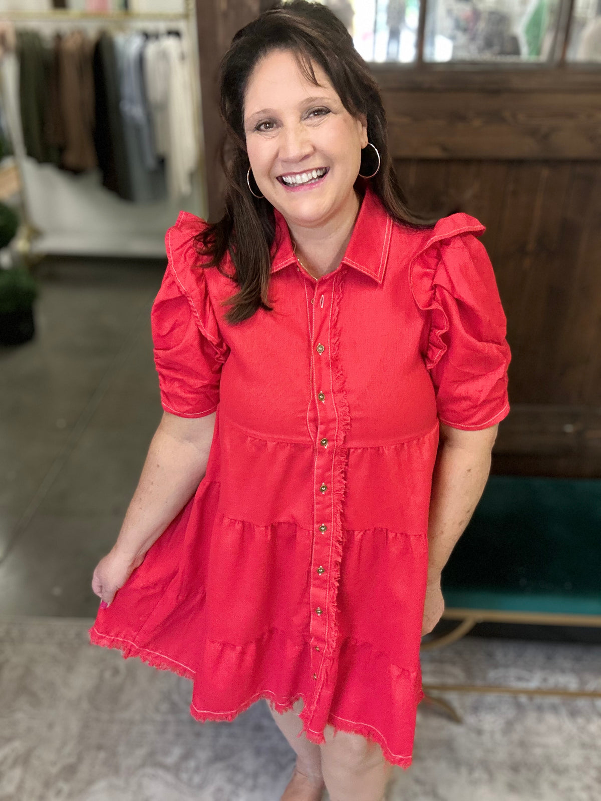 Tomato Linen Button Up Shirt Dress