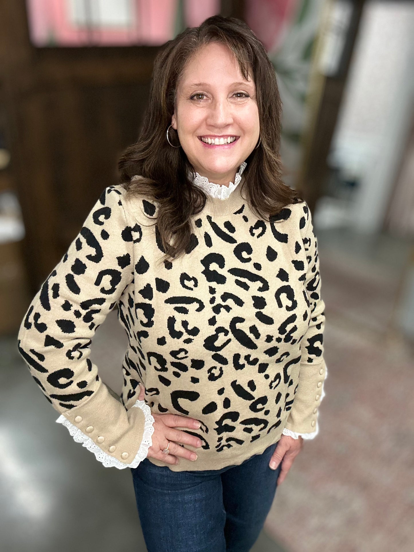 Brown Leopard Lace Trim Sweater