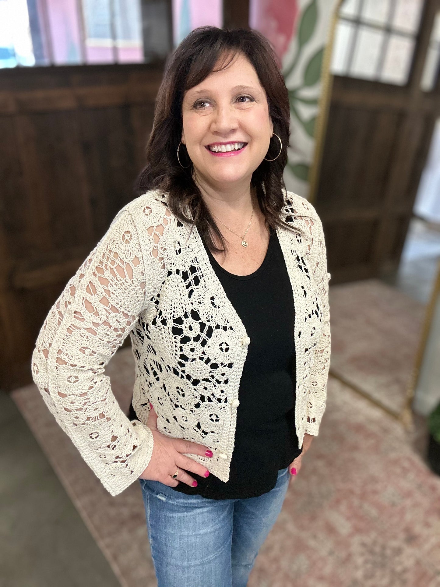 Cream Crochet Button Front Cardigan