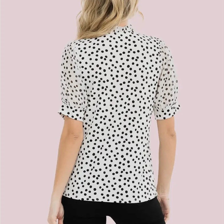 Ivory Black Polka Dot Tie Neck Top