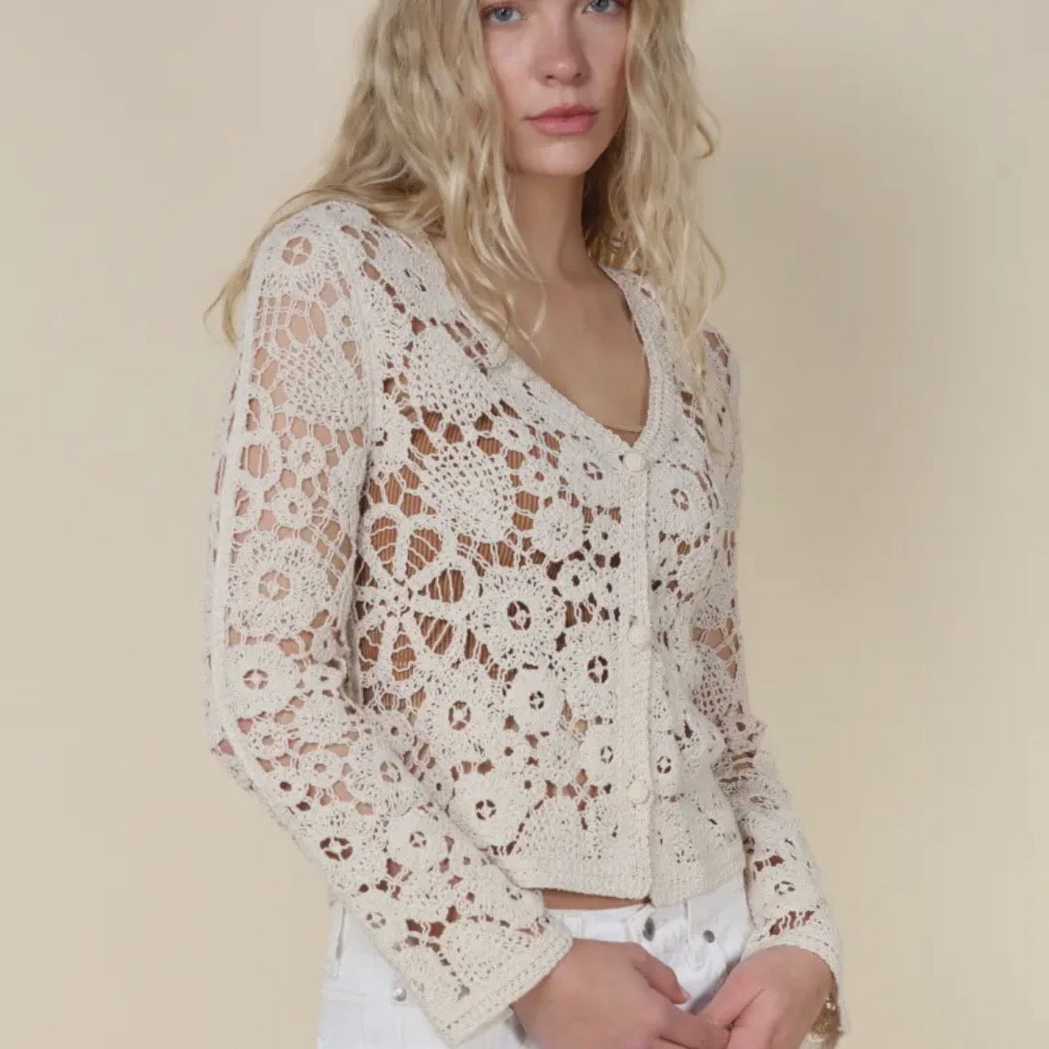 Cream Crochet Button Front Cardigan