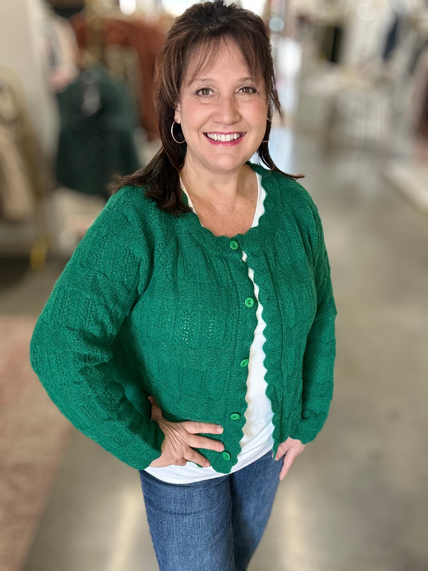 Regina Green Scalloped Trim Cardigan