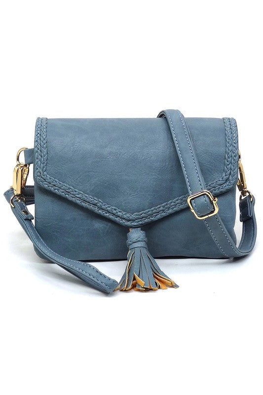 Blue tassel flap envelope clutch crossbody bag